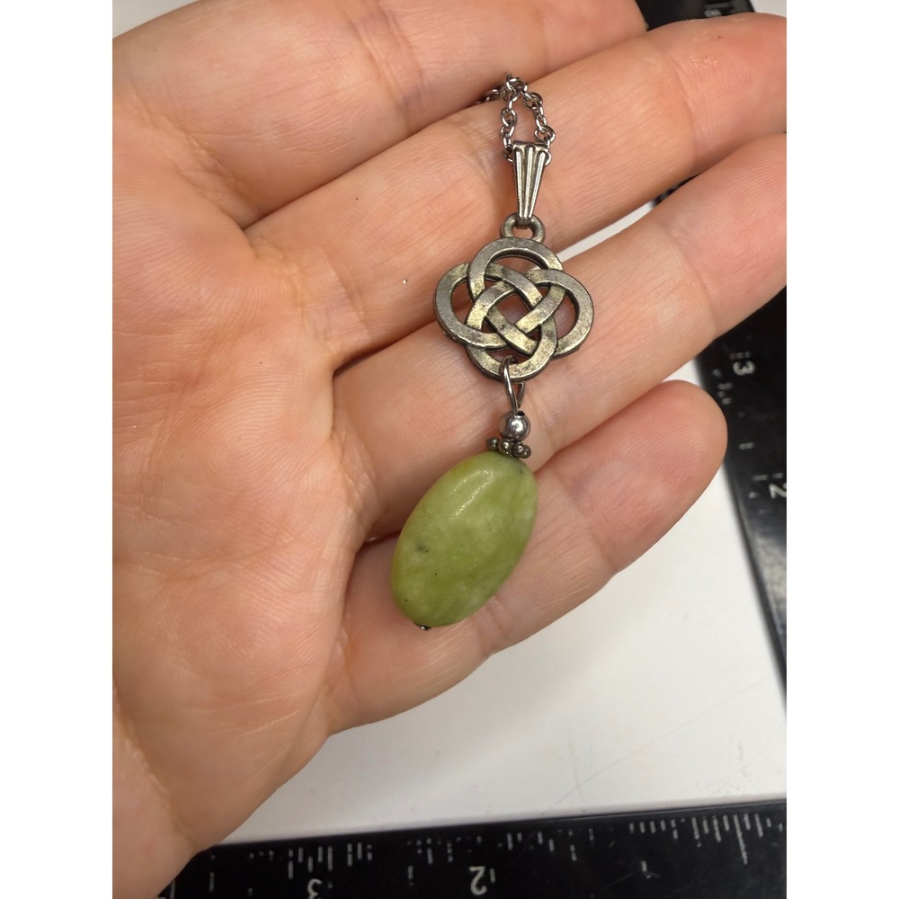 Celtic Knot Pendant Necklace Green Stone Silver Tone Eternity Symbol 18 Inch